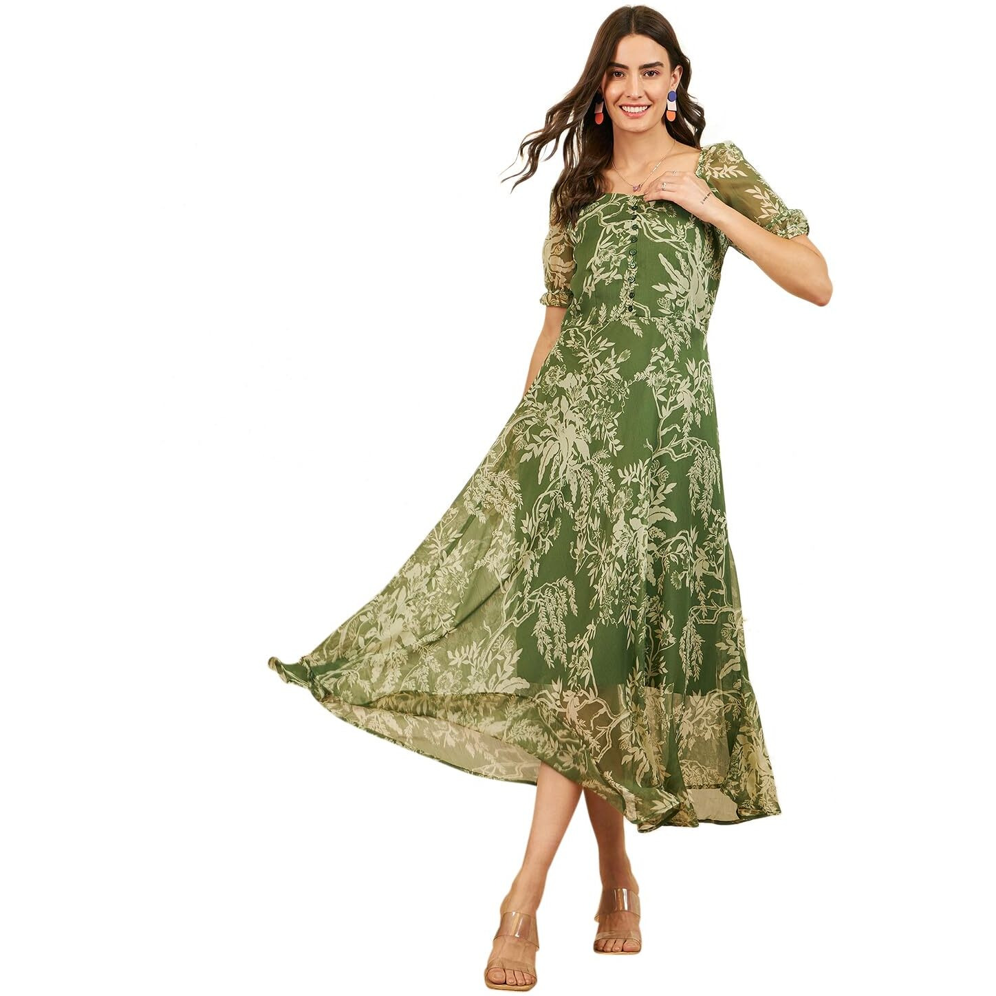Rare Women's Chiffon Fit And Flare Maxi Dress (Ep6218F_Olive_Xl)