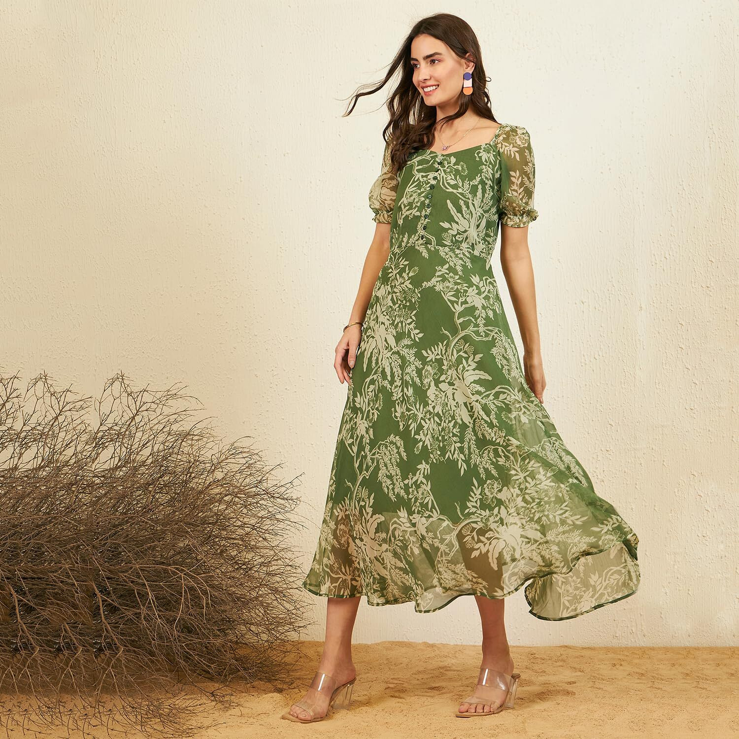 Rare Women's Chiffon Fit And Flare Maxi Dress (Ep6218F_Olive_Xl)