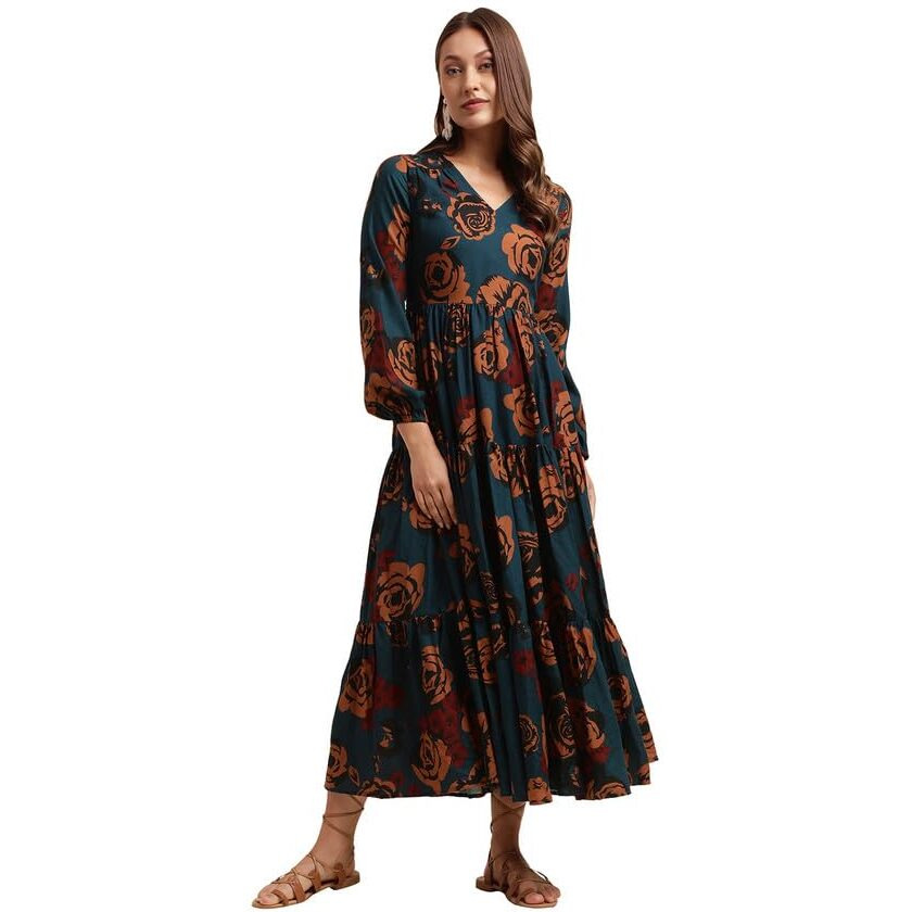Selvia Women's Printed Full Sleeves Poly Rayon V-Neck Fit & Flare Dress (493Tk7614N-Xl_Navy Blue &Multi)