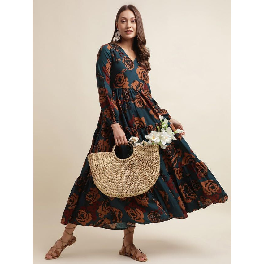 Selvia Women's Printed Full Sleeves Poly Rayon V-Neck Fit & Flare Dress (493Tk7614N-Xl_Navy Blue &Multi)