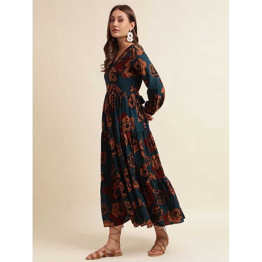 Selvia Women's Printed Full Sleeves Poly Rayon V-Neck Fit & Flare Dress (493Tk7614N-Xl_Navy Blue &Multi)