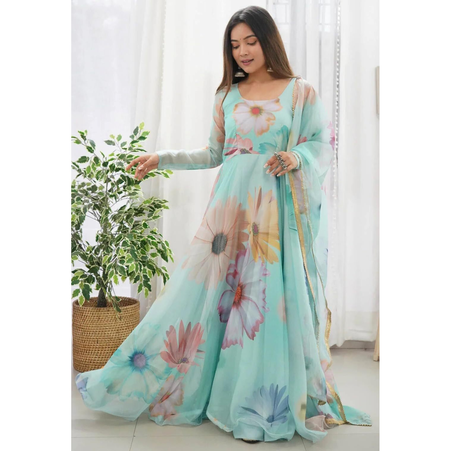 Shasmi Women's Stylish Floral Printed Sea Green Orgenza Anarkali Dress Gown, Kurta With Dupatta Set Anarkali Floral Printed Gown With Dupatta (Gown 130 Sea Green-M)