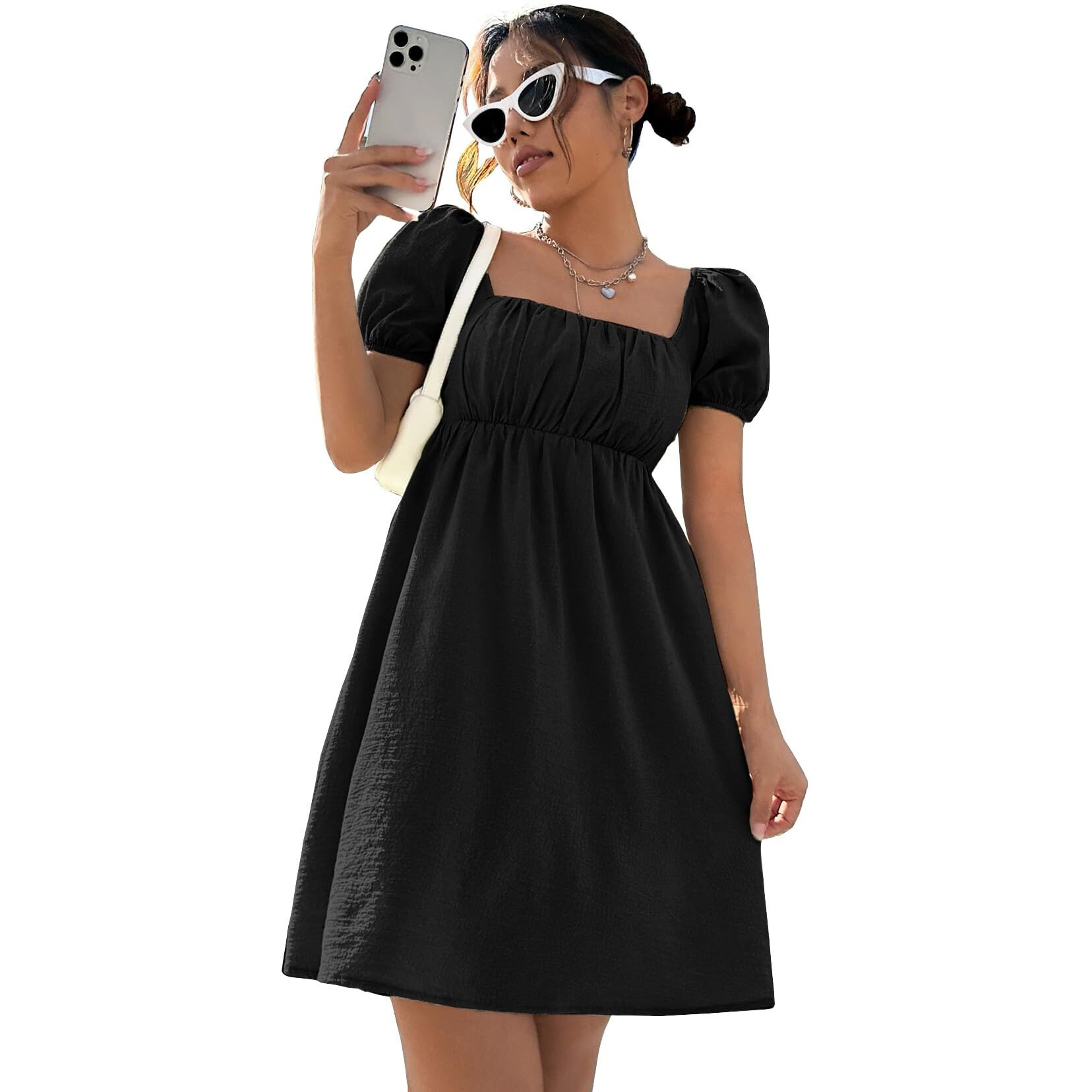 Shasmi Women's & Girl's Dress For Women L One Piece Dress For Women L Beach Dress For Women, Solid Textured Puff Sleeve Square Neck Midi Dress (Dress 115 Black-S)