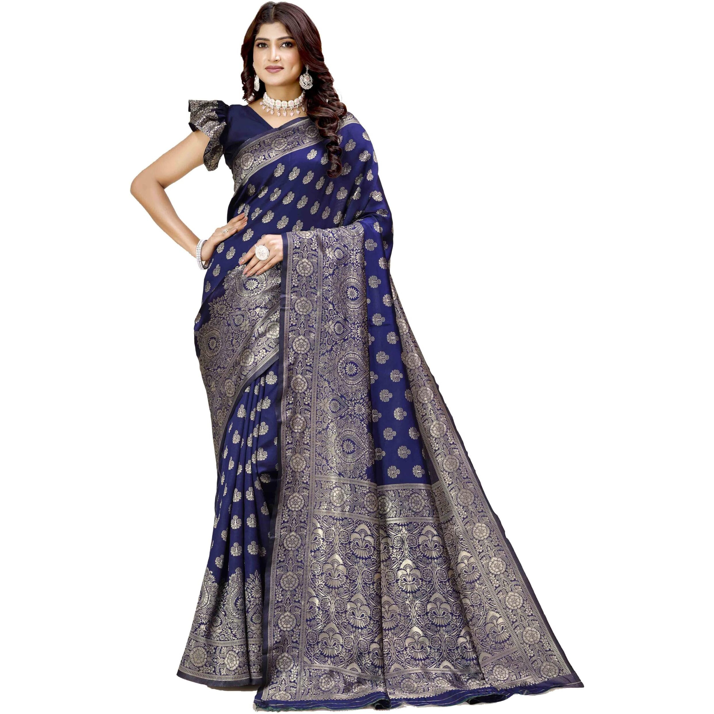 Shasmi Women's Banarasi Saree Pure Kanjivaram Silk Saree Soft New Ladies 2025 Design Wear Pattu Sarees Latest Party Sari Collections With Blouse Piece For Wedding Sadi (Pari-216 Navy Blue)