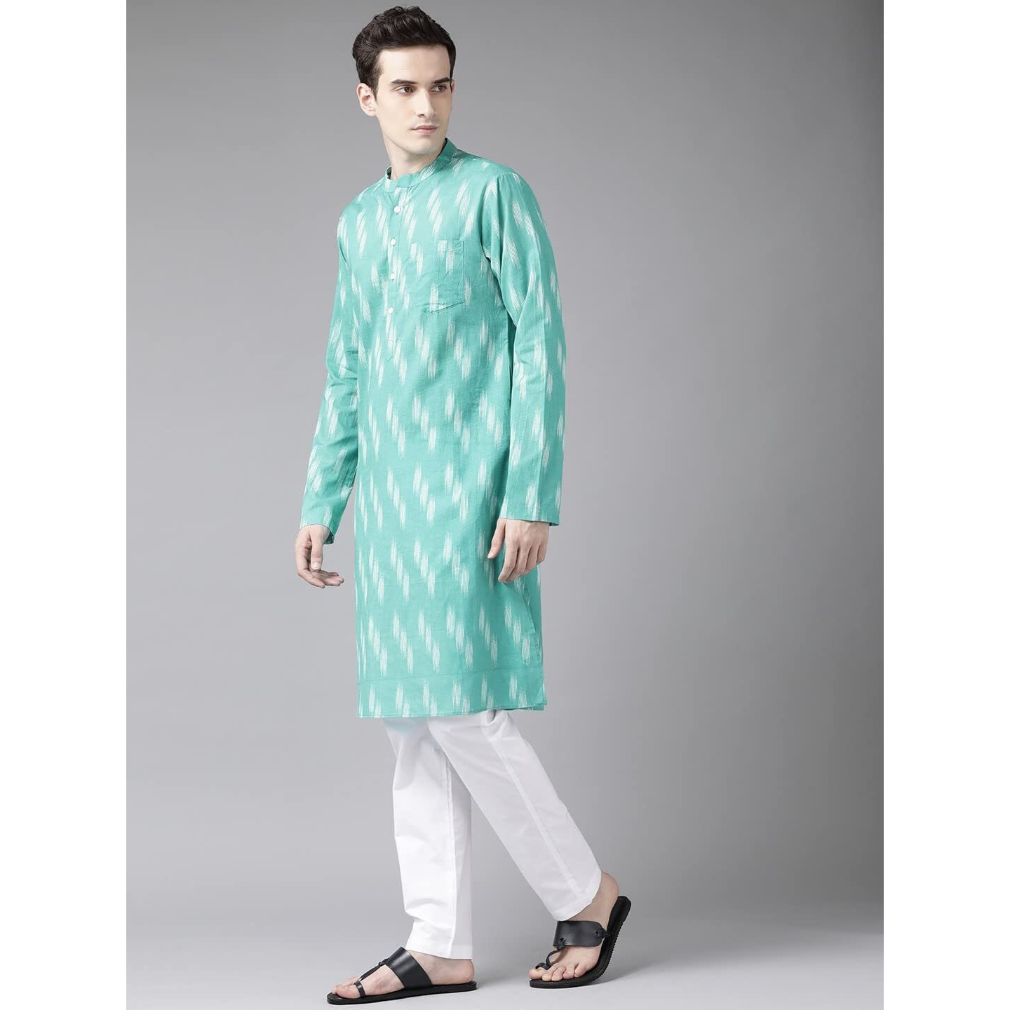 See Designs Cotton Printed Regular Mens Kurta (15258350_Turquoise Blue_S)