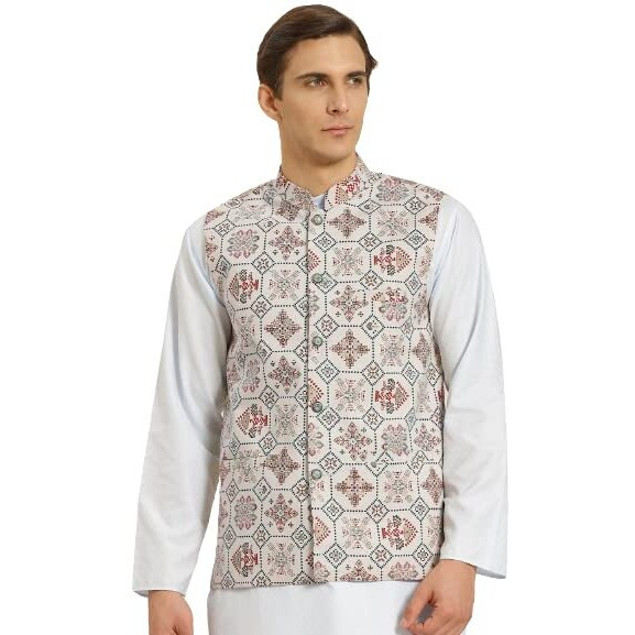 Sojana (Since 1958) Men's Cotton Linen Cream & Multi Printed Only Nehru Jacket