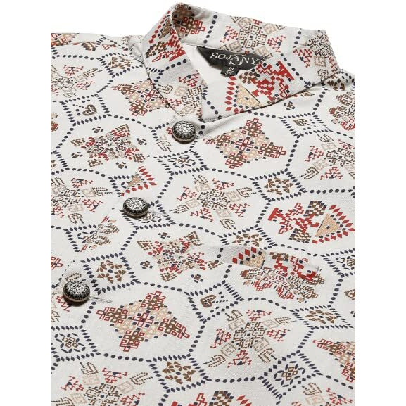 Sojana (Since 1958) Men's Cotton Linen Cream & Multi Printed Only Nehru Jacket