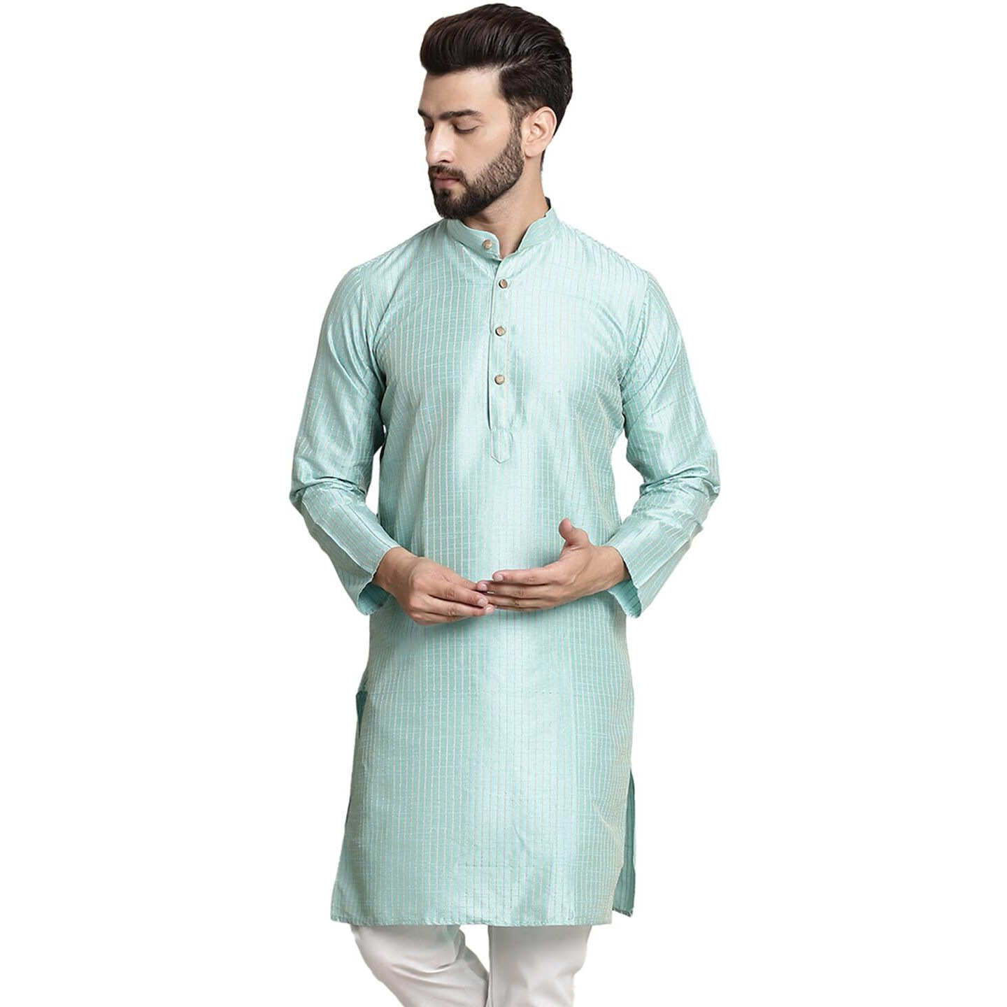Sojanya (Since 1958 Men's Silk Blend Sea Green Color Striped Design Only Long Kurta
