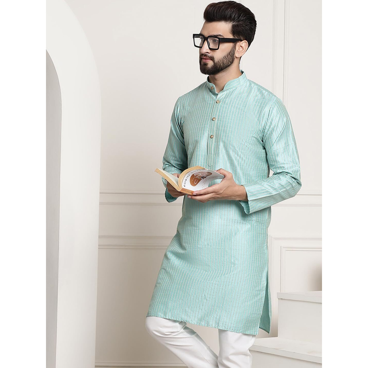 Sojanya (Since 1958 Men's Silk Blend Sea Green Color Striped Design Only Long Kurta