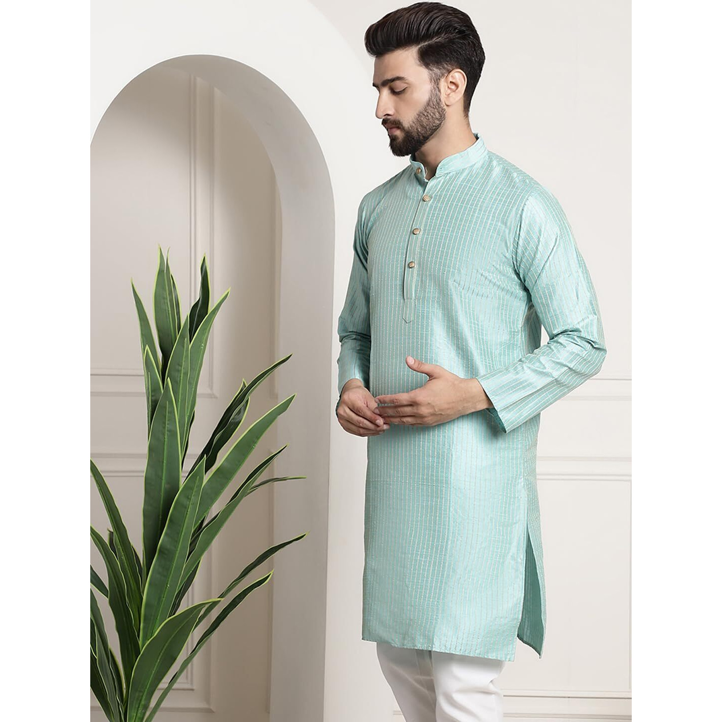 Sojanya (Since 1958 Men's Silk Blend Sea Green Color Striped Design Only Long Kurta