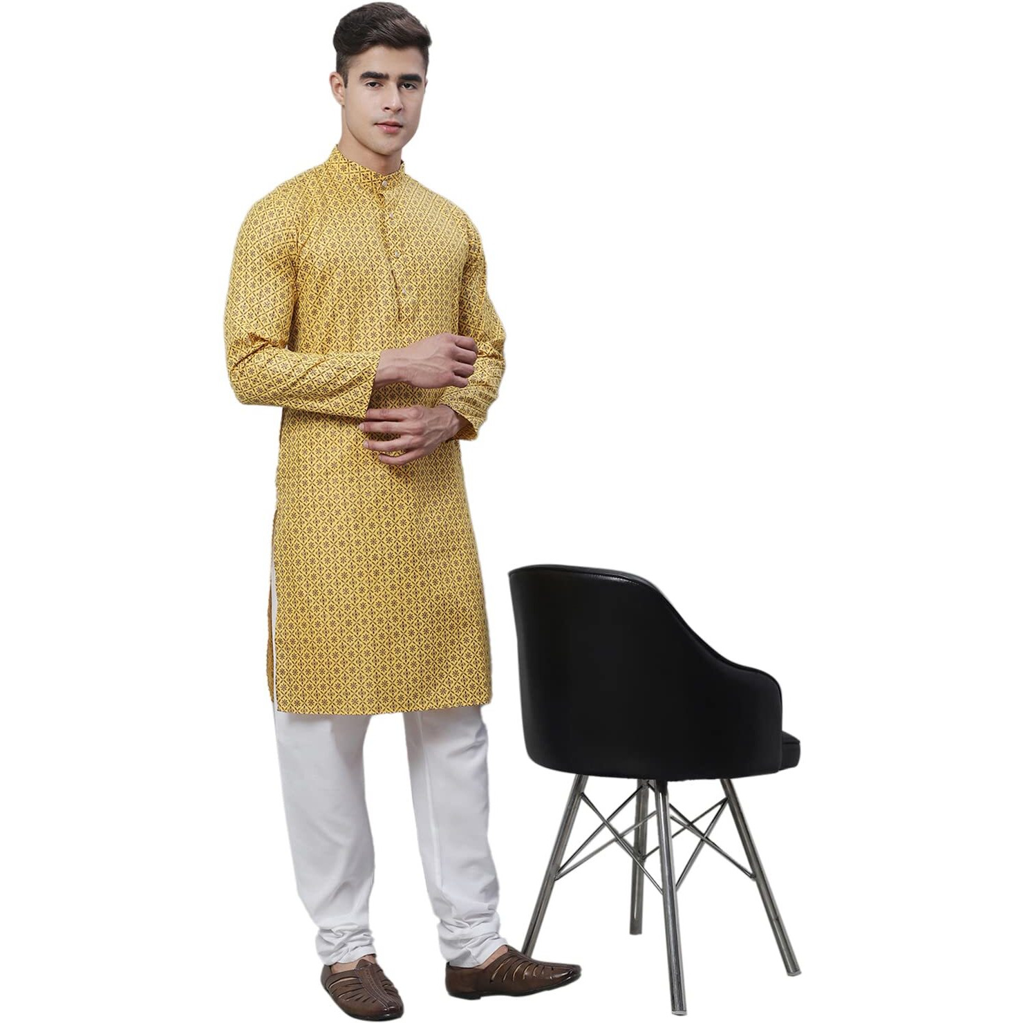 Sojanya (Since 1958 Men's Cotton Linen Mustard Foil Printed Kurta And White Pyjama Set