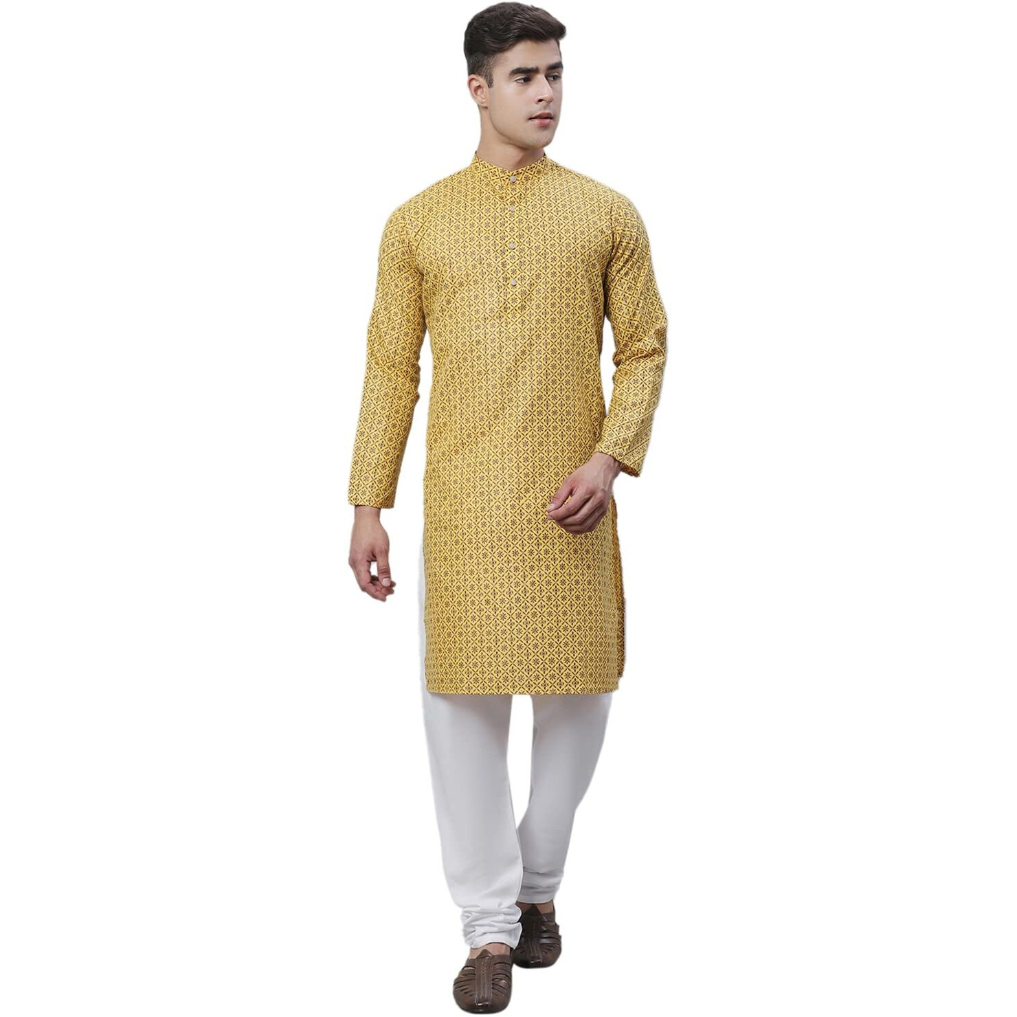 Sojanya (Since 1958 Men's Cotton Linen Mustard Foil Printed Kurta And White Pyjama Set