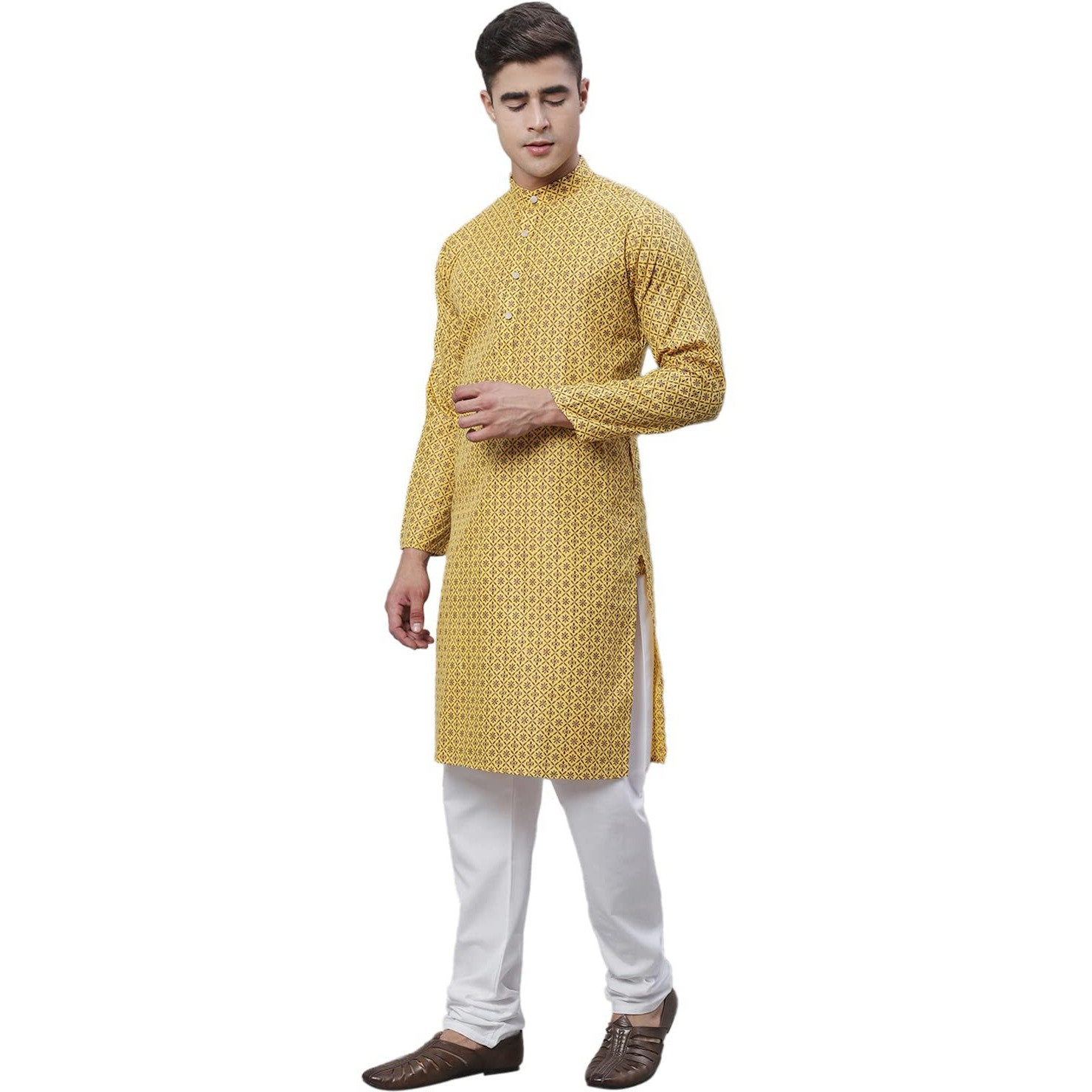 Sojanya (Since 1958 Men's Cotton Linen Mustard Foil Printed Kurta And White Pyjama Set
