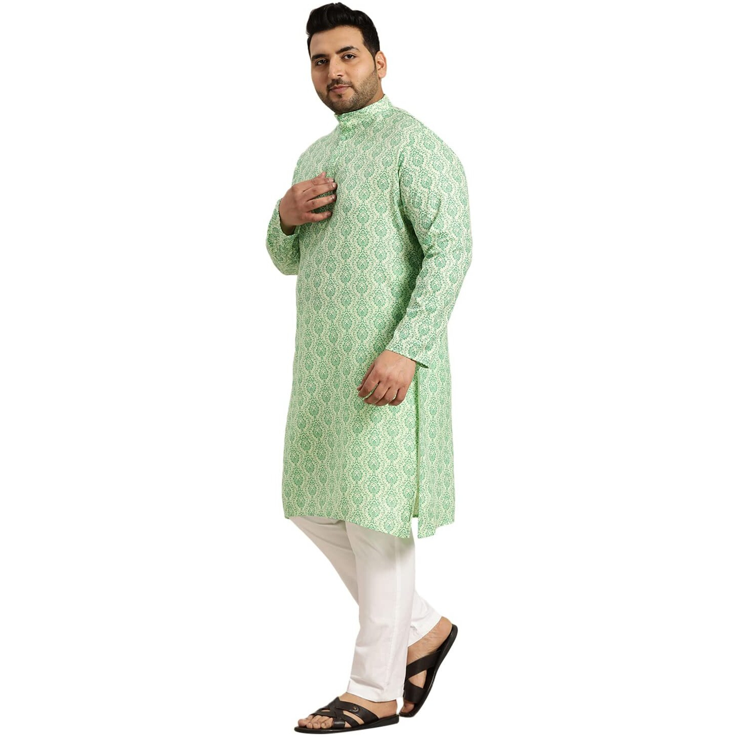 Sojanya Plus (Since 1958) Men's Cotton Blend Pista Green Printed Kurta And White Pyjama Set