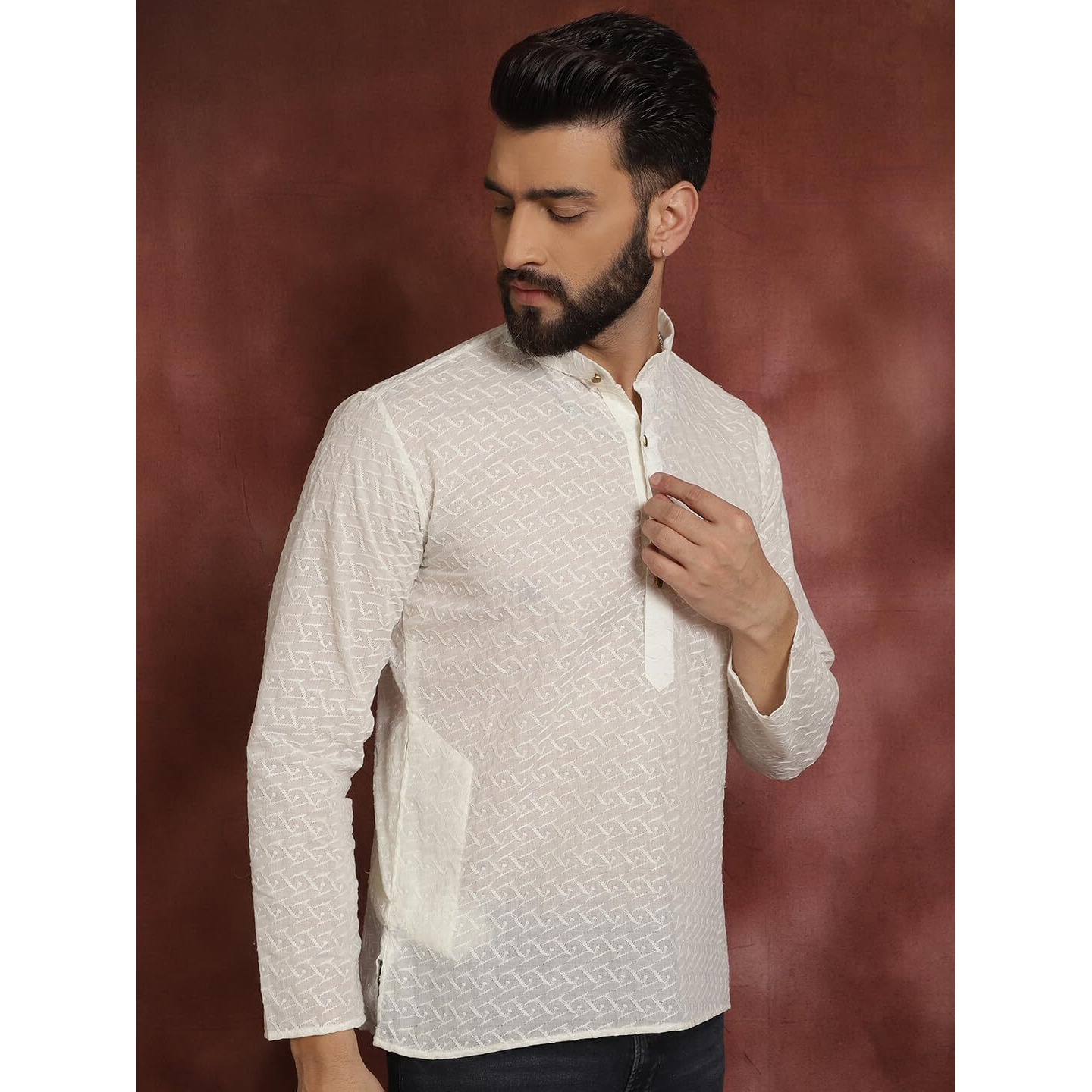 Sojanya Ethnic Motifs Chikankari Embroidered Cream Pure Cotton Short Kurta