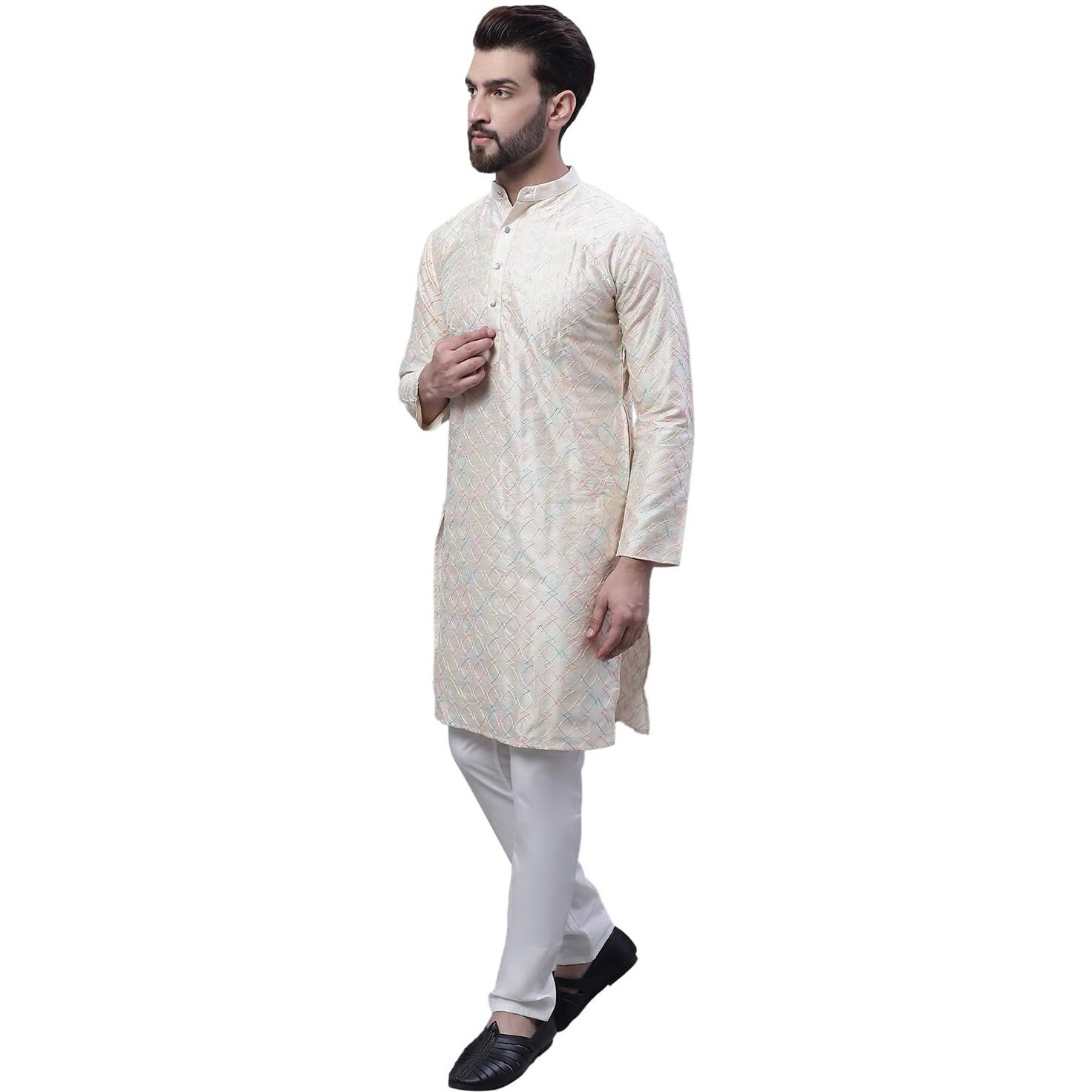 Sojanya (Since 1958 Men's Silk Blend Cream Kurta And Cream Pyjama With Peacock Blue Silk Nehru Jacket