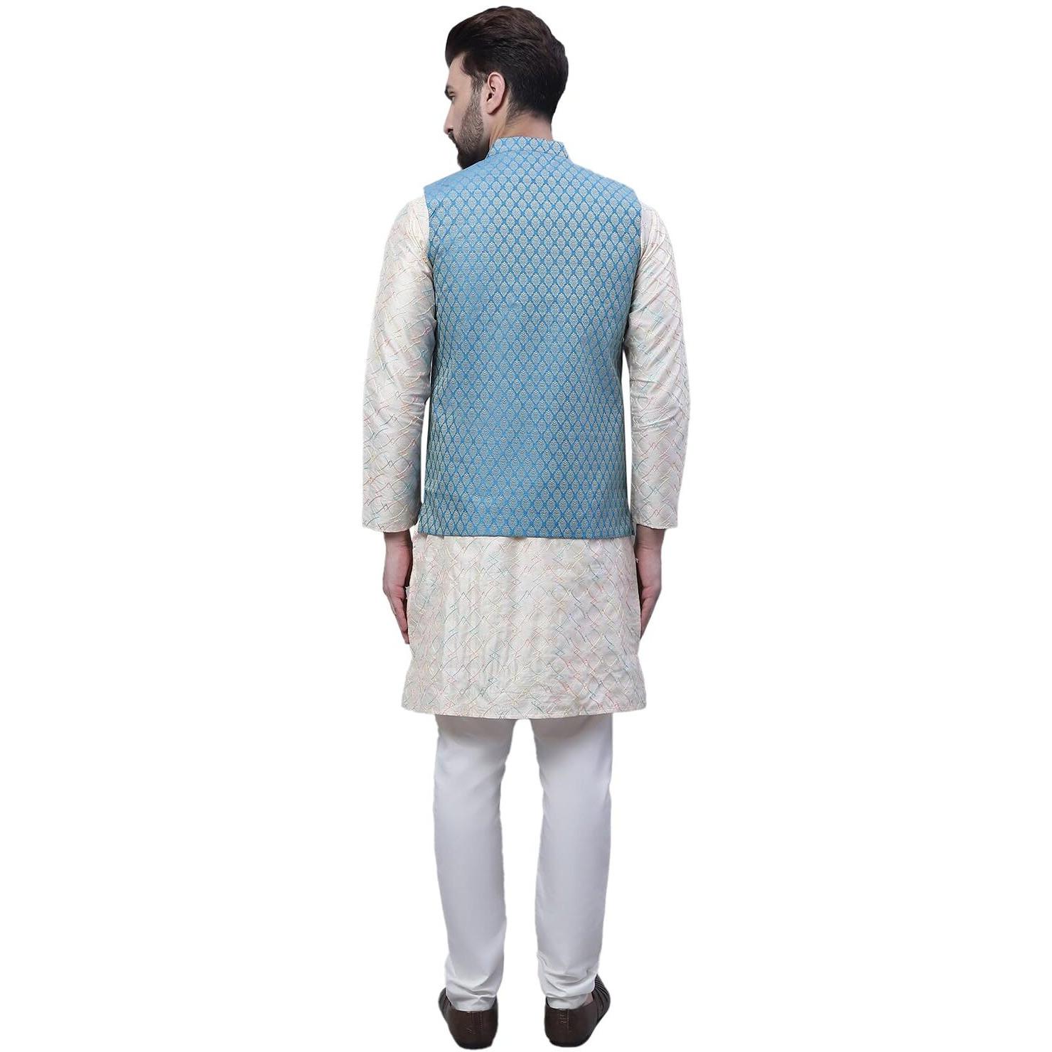 Sojanya (Since 1958 Men's Silk Blend Cream Kurta And Cream Pyjama With Peacock Blue Silk Nehru Jacket