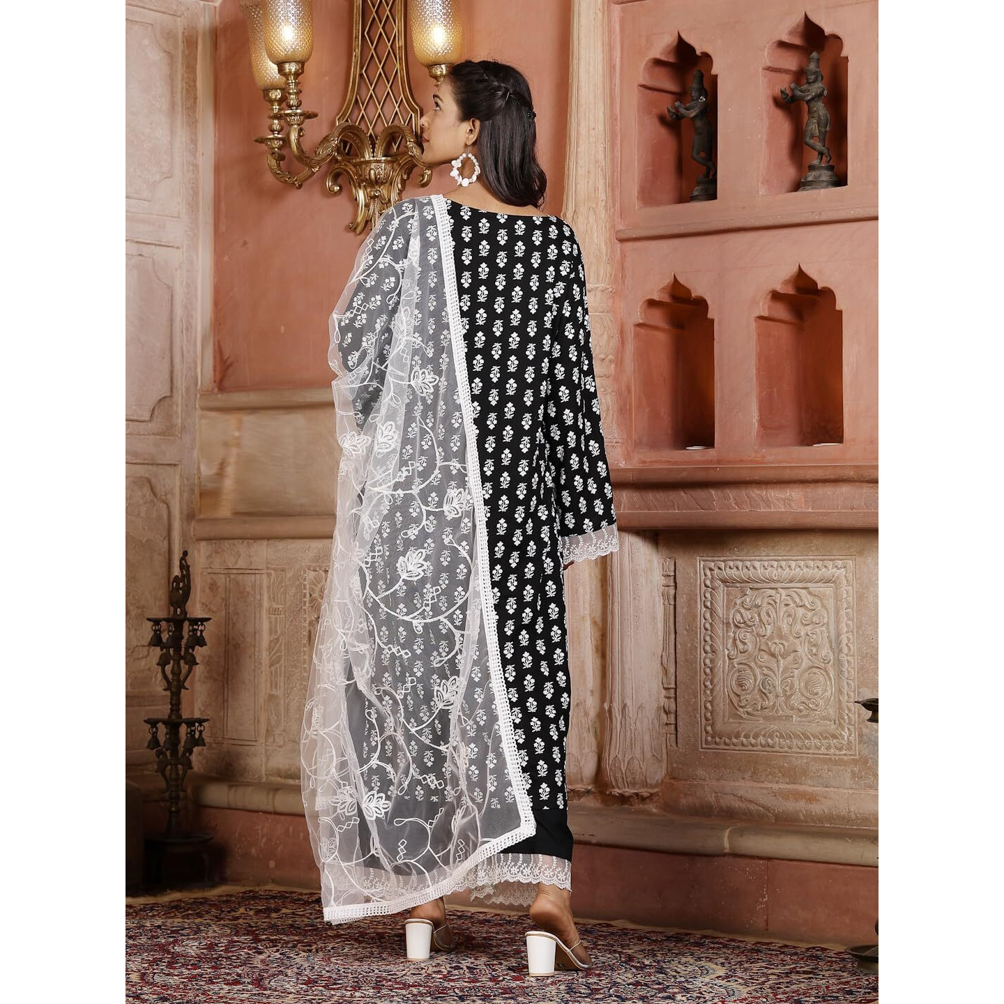 Stylum Women's Floral Printed Rayon Straight Kurta Palazzo Dupatta Set (Kpdblackrida36_Black, S)