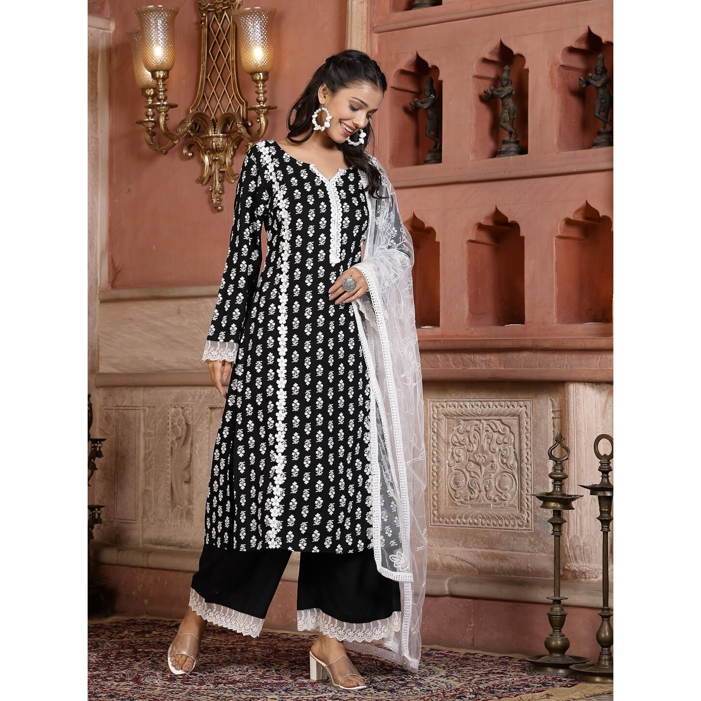 Stylum Women's Floral Printed Rayon Straight Kurta Palazzo Dupatta Set (Kpdblackrida36_Black, S)