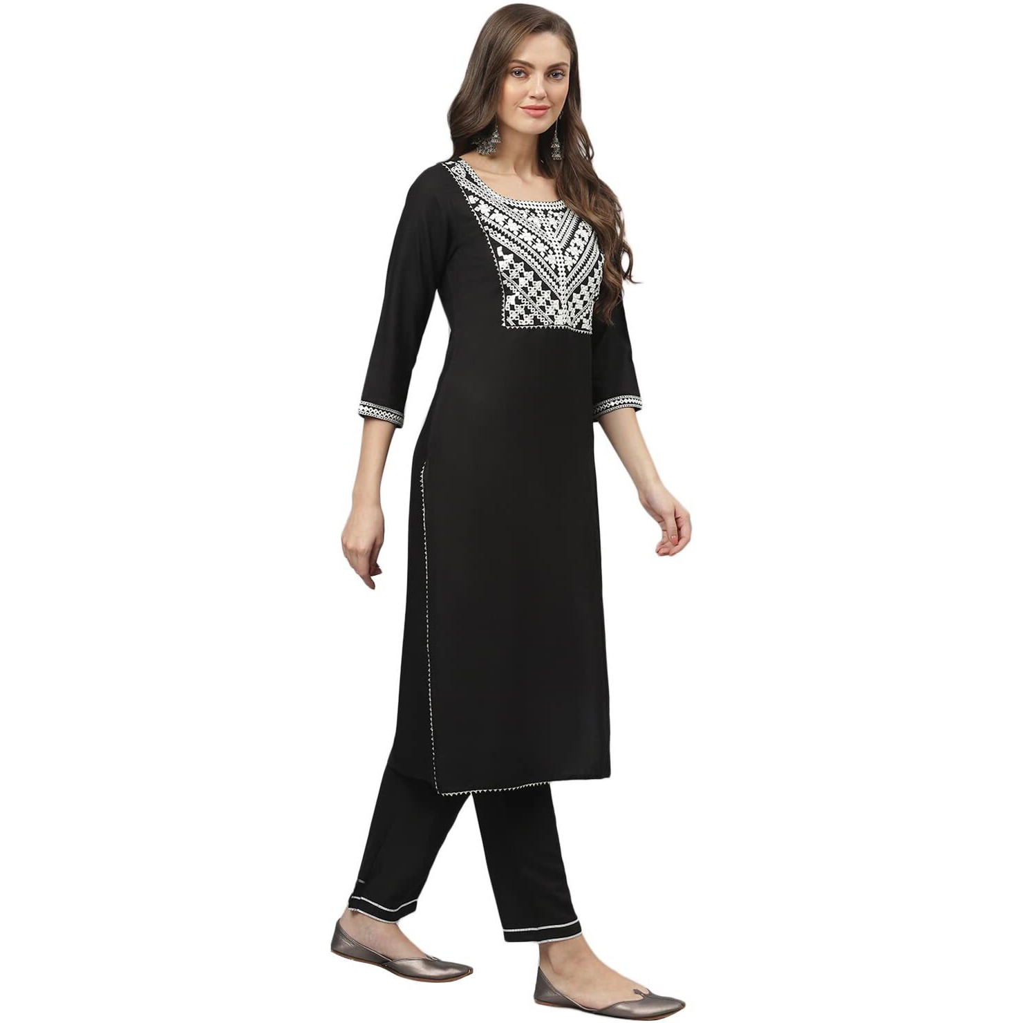 Stylum Women's Embroidered Rayon Straight Kurta Pant Dupatta Set (Kpditalyblack44_Black, Xxl)