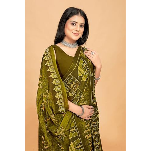 Tamaira Fashion Women's Warli Printed Pure Cotton Mulmul Saree Without Blouse Piece(11582_Mehendi)