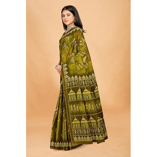Tamaira Fashion Women's Warli Printed Pure Cotton Mulmul Saree Without Blouse Piece(11582_Mehendi)