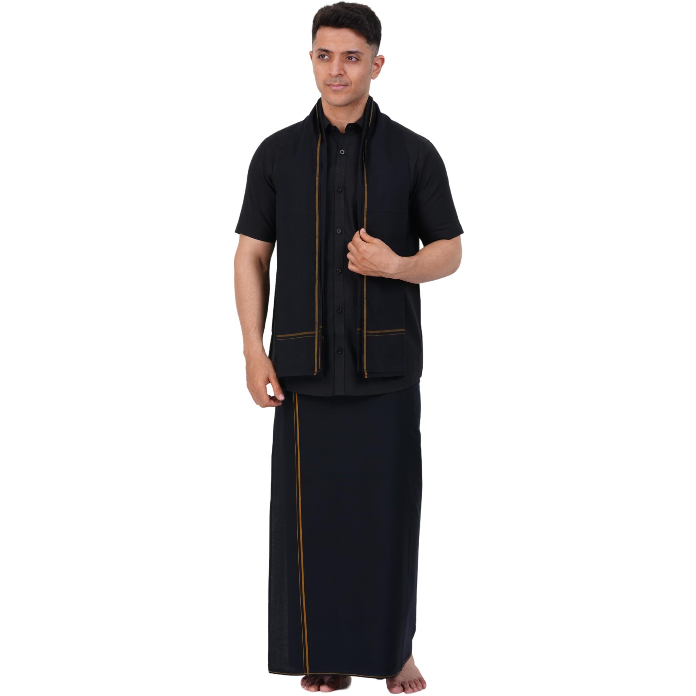 Prakasam Cotton Mens Single Small Border (1.28X2.00 Mtrs) Black Dhoti + Readymade Half Sleeve Shirt + Black Small Border Towel