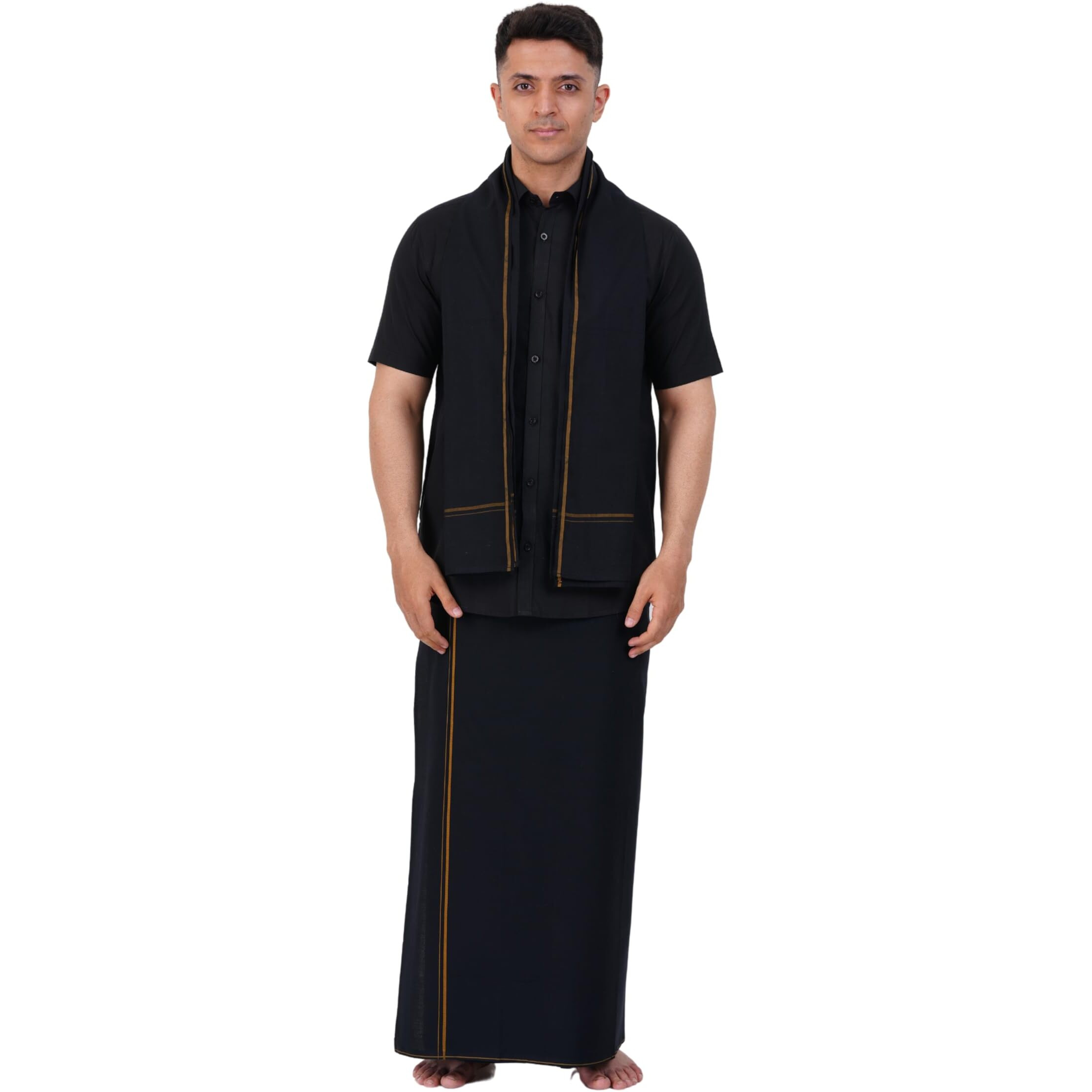 Prakasam Cotton Mens Single Small Border (1.28X2.00 Mtrs) Black Dhoti + Readymade Half Sleeve Shirt + Black Small Border Towel