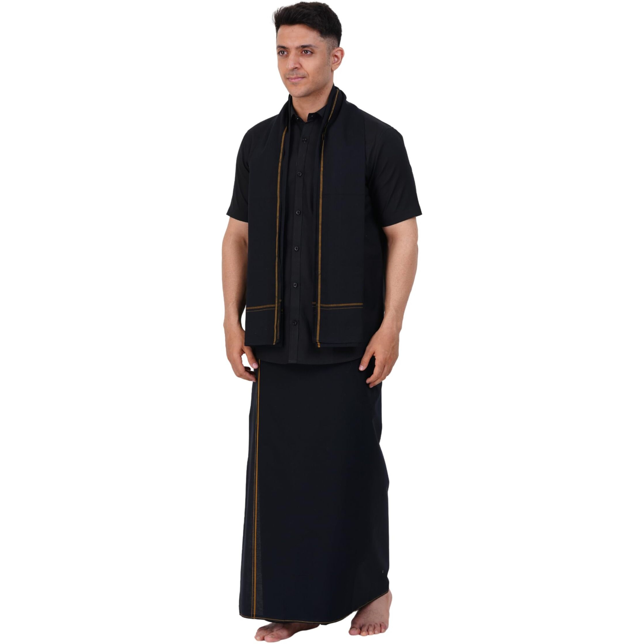 Prakasam Cotton Mens Single Small Border (1.28X2.00 Mtrs) Black Dhoti + Readymade Half Sleeve Shirt + Black Small Border Towel