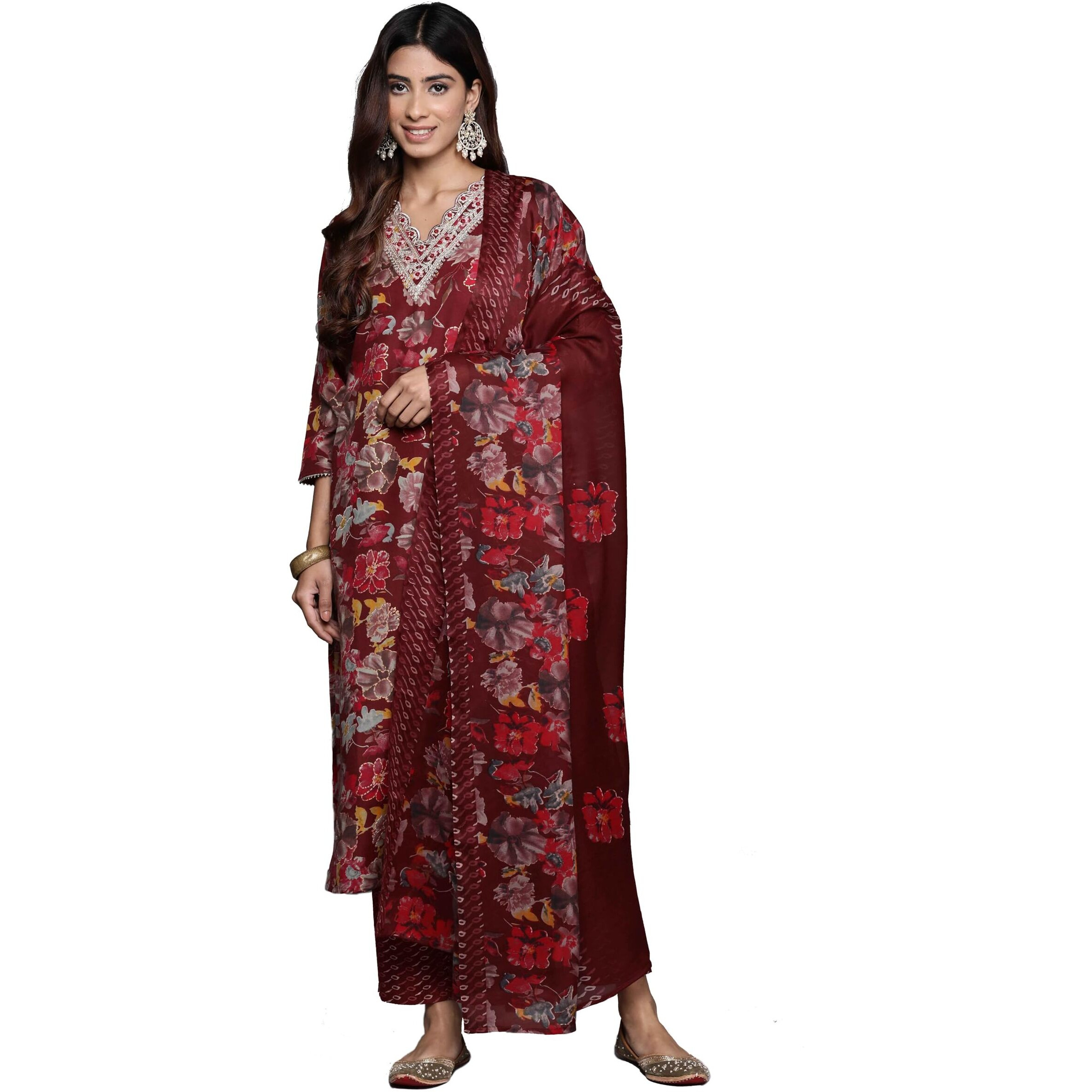 Varanga Womens V-Neck Straight Kurta Set With Pants & Dupatta  Chic Ethnic Wear For Weddings, Festivals & Special Occasions (Sss_Vskd32058-S)