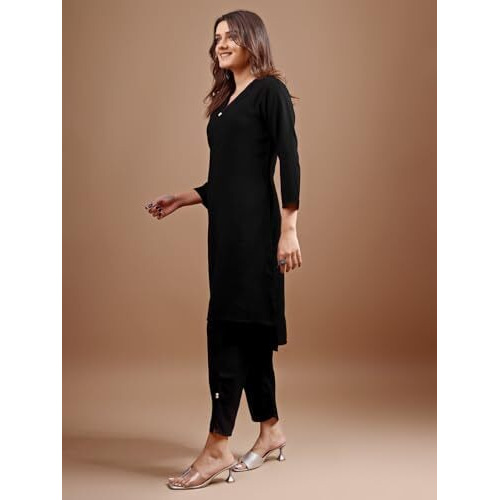 Womanista Women's Black Colour Silk Blend Work Wear Coord Set(Co-Ords_9097_M)