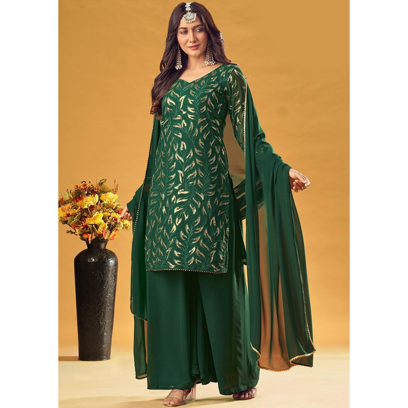 Xomantic Fashion Womens Embroidered Readymade Pakistani Salwar Kameez With Dupatta Set (Small, Green)