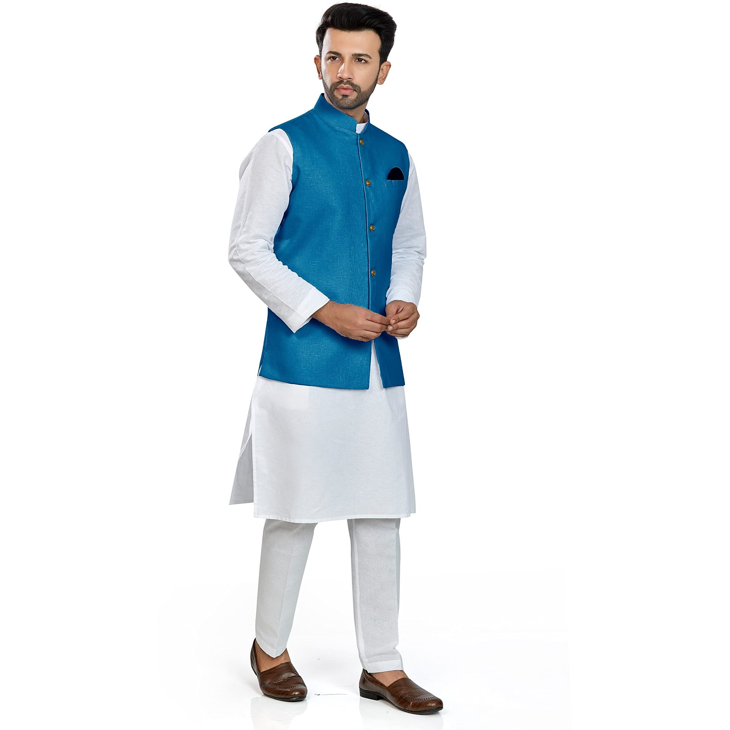 Be Active Men's Linen Blend Nehru Jacket With Mandarin Collar || Ethnic Koti For Men || Men Koti Formal|| Men Koti Wedding (Rfkt0001-17 (Blue)-L)