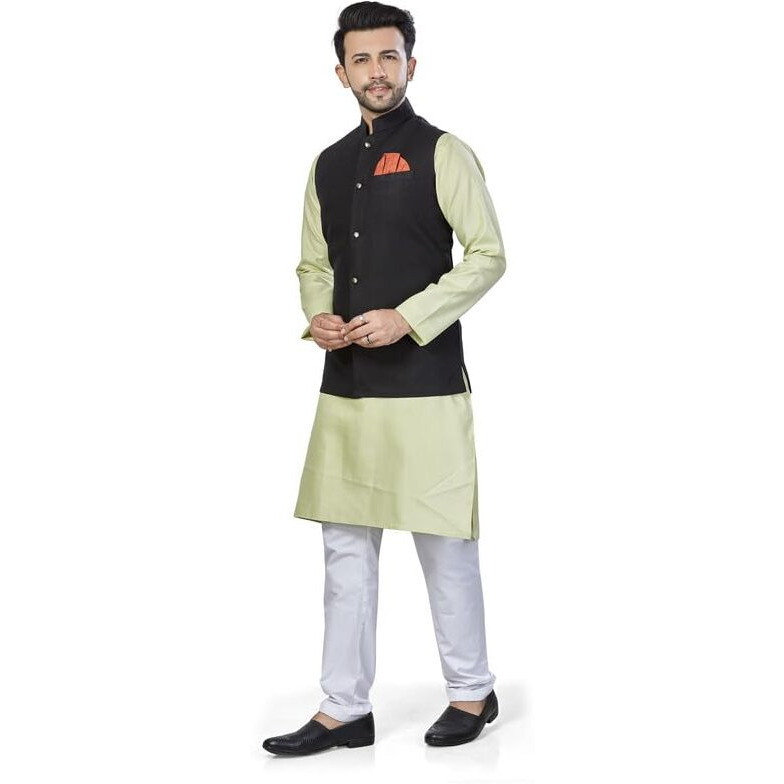 Be Active Men's Solid Linen Blend Kurta Pyjama 3 Piece Set || Men Kurta Pajama With Modi Jacket || Kurta Pajama Nehru Jacket For Men (N-Rfset0015-4-M)