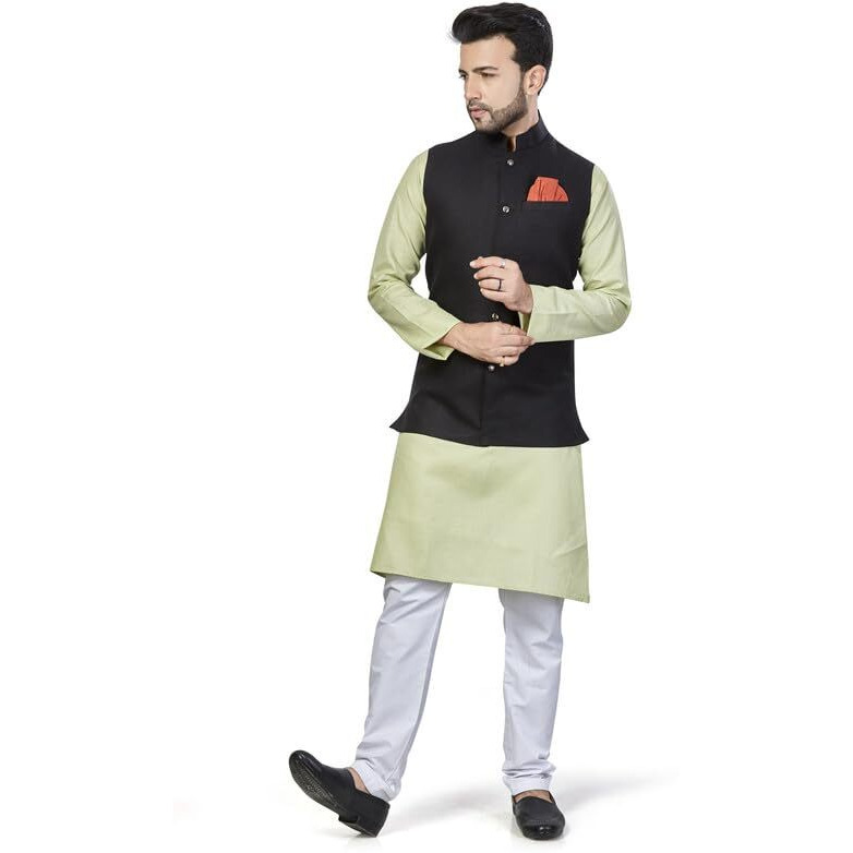 Be Active Men's Solid Linen Blend Kurta Pyjama 3 Piece Set || Men Kurta Pajama With Modi Jacket || Kurta Pajama Nehru Jacket For Men (N-Rfset0015-4-M)
