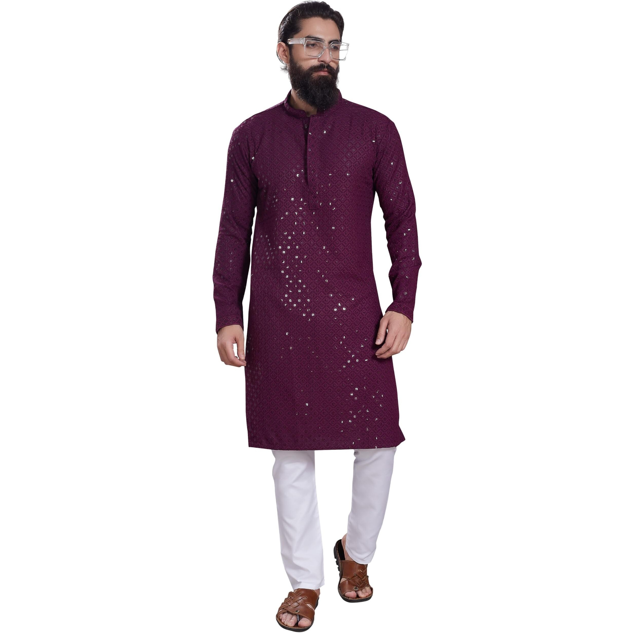 Divisive Men's Sequince Embroidered Cotton Blend Only Slim Fit Kurta (Dkrt232_Xl_Burgundy)
