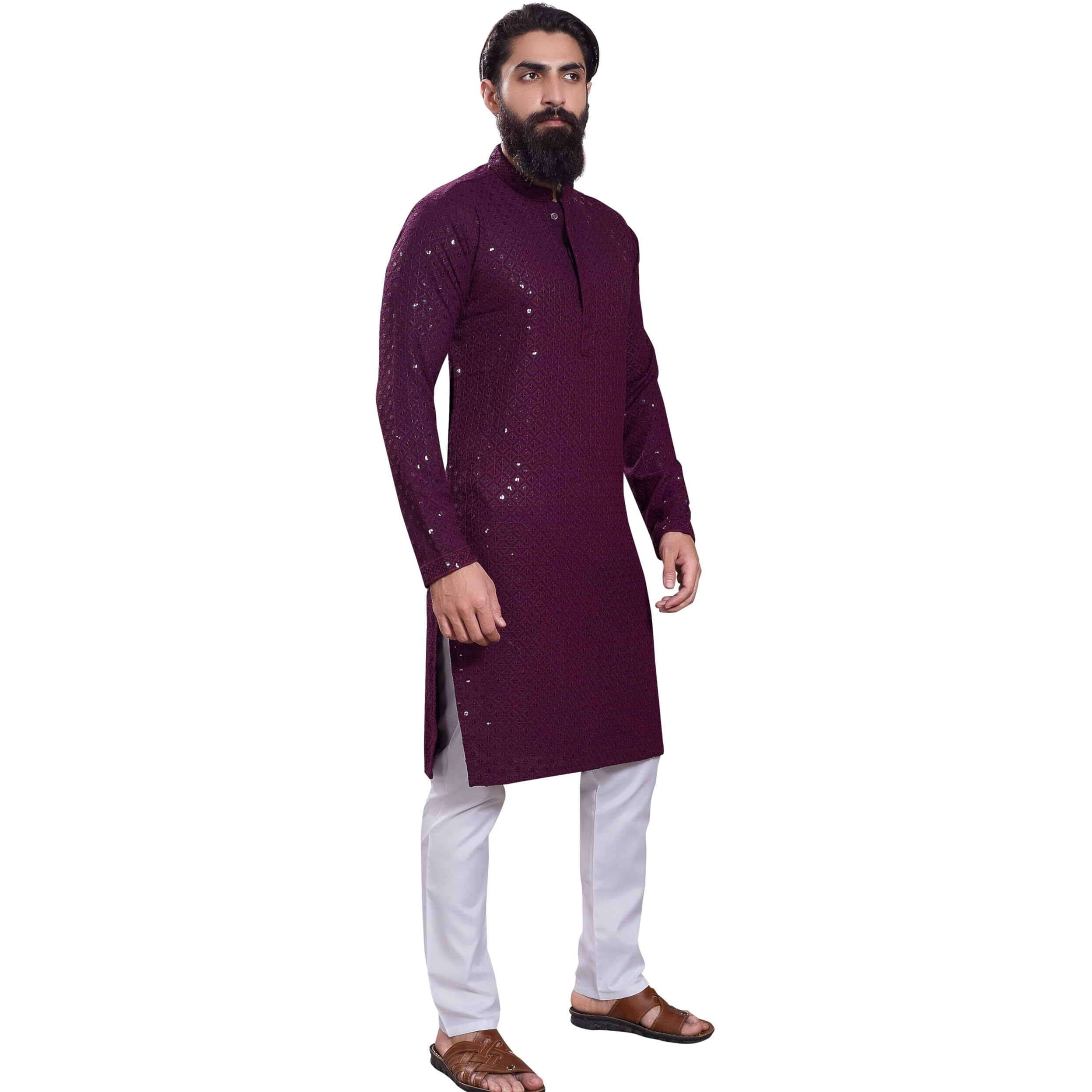 Divisive Men's Sequince Embroidered Cotton Blend Only Slim Fit Kurta (Dkrt232_Xl_Burgundy)