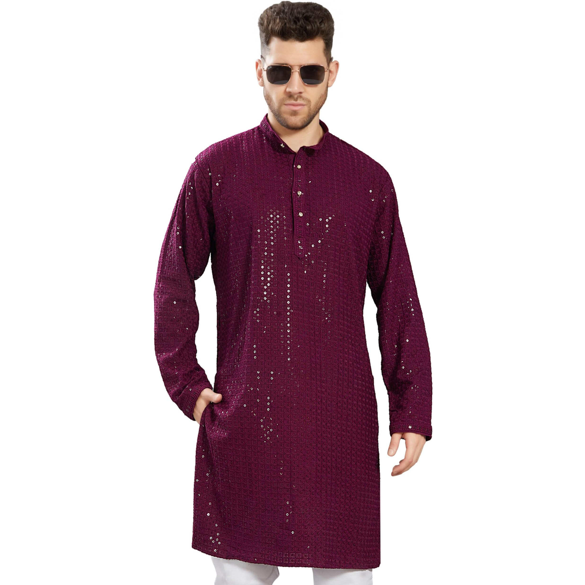 Divisive Men's Sequince Embroidered Cotton Blend Only Slim Fit Kurta (Dkrt744_L_Burgundy)