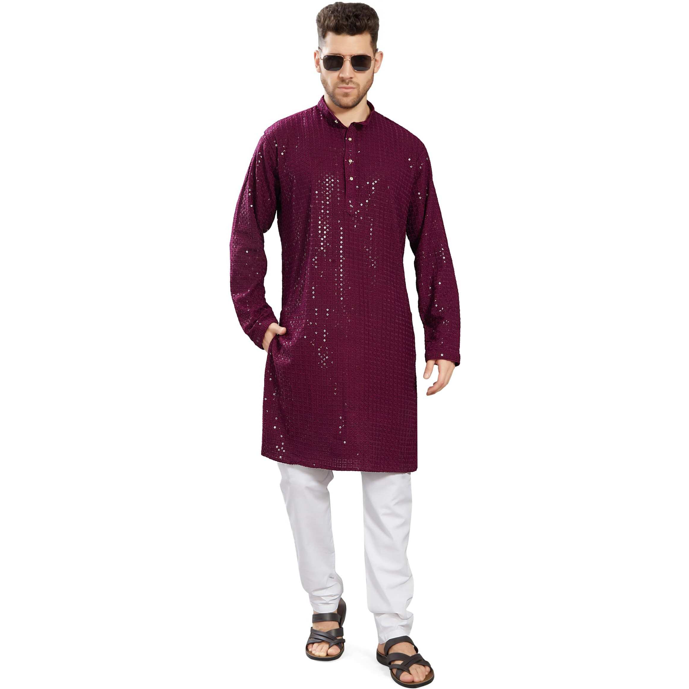 Divisive Men's Sequince Embroidered Cotton Blend Only Slim Fit Kurta (Dkrt744_L_Burgundy)