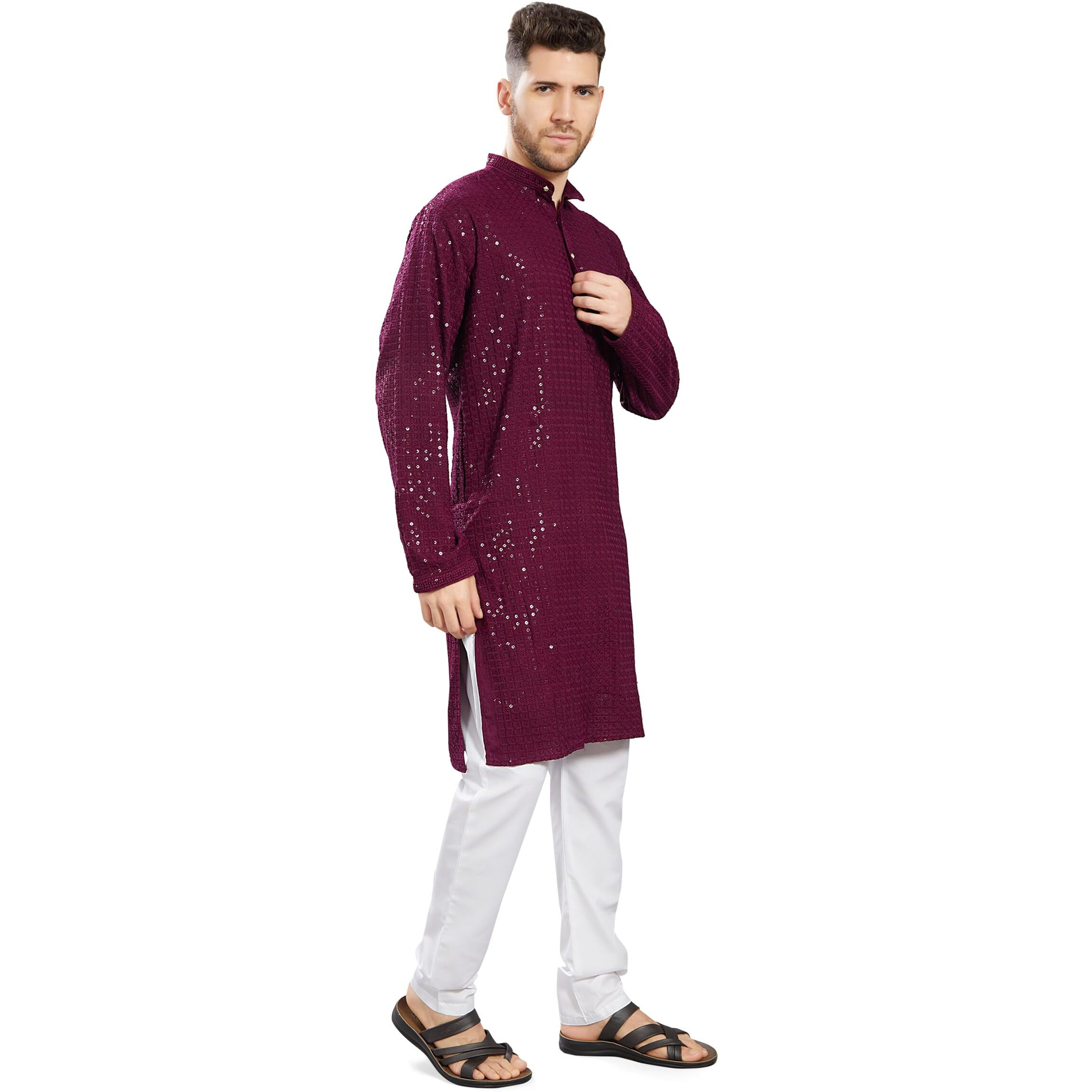 Divisive Men's Sequince Embroidered Cotton Blend Only Slim Fit Kurta (Dkrt744_L_Burgundy)