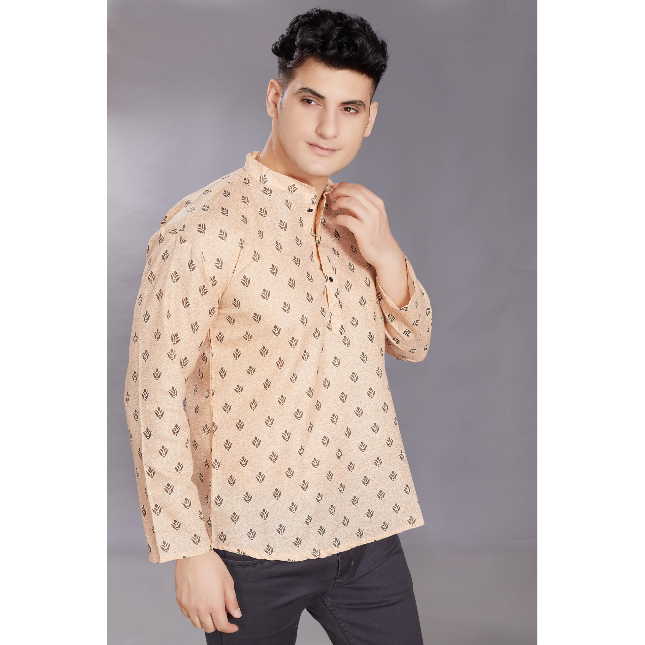 Divisive Men's Pure Cotton Relaxed Fit Printed Short Kurta (Dkrt444_L_Beige)