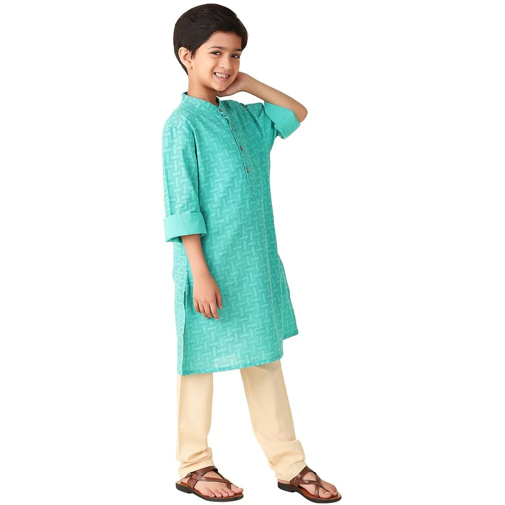 Fabindia Boy's Cotton Printed Regular Kurta (1030887Teal_Teal