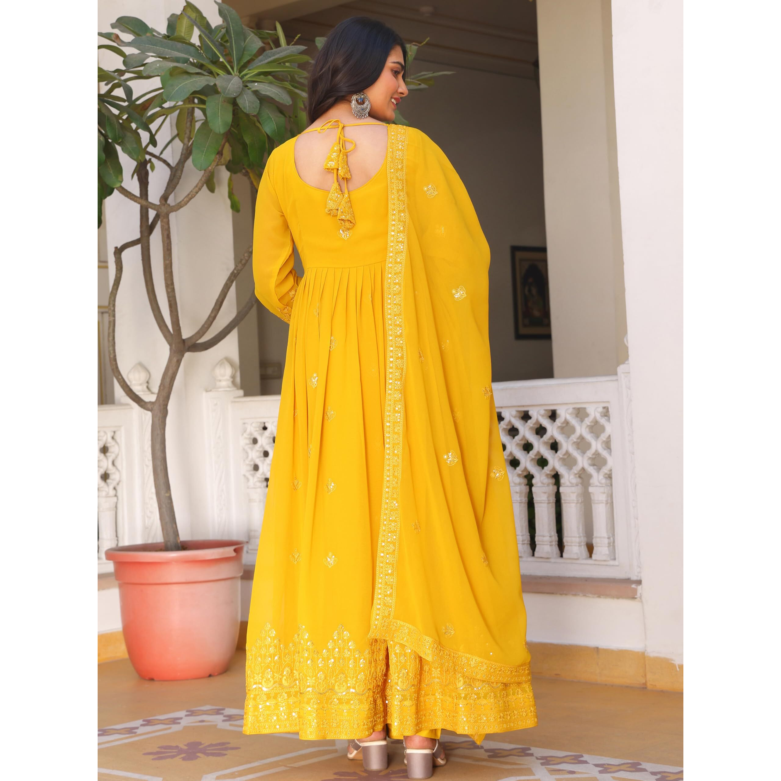 Fashion Basket Georgette Anarkali Kurta Set For Women Yellow