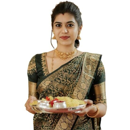 Flosive Women's Beautiful Forest Green Kanjivaram Silk Saree With Zari Weaving