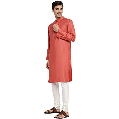 Fabindia Men's Viscose Silk Woven Relaxed Kurta (102885803_Coral