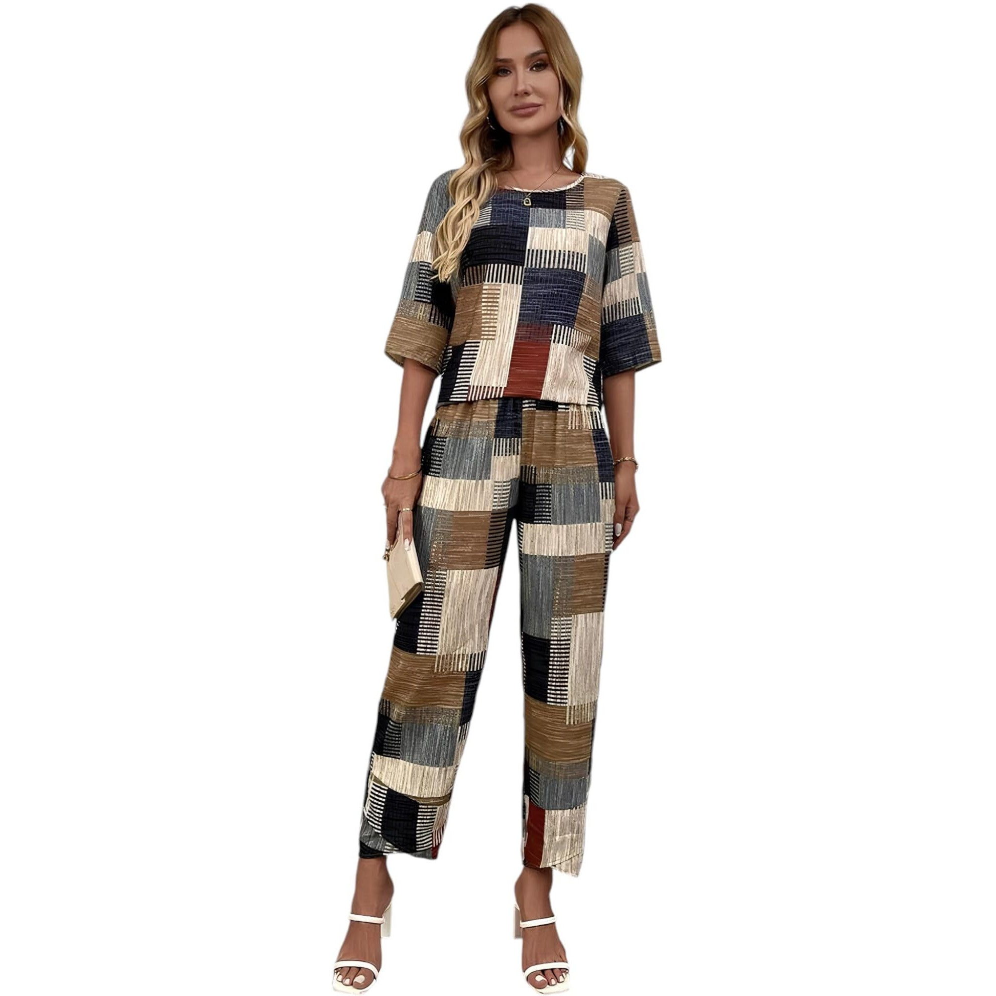 Gufrina Women's Rayon Co-Ords Set With Round Neck 3/4Th Sleeves Printed Pattern Wide Leg Pant Relaxed Fit And Standard Length