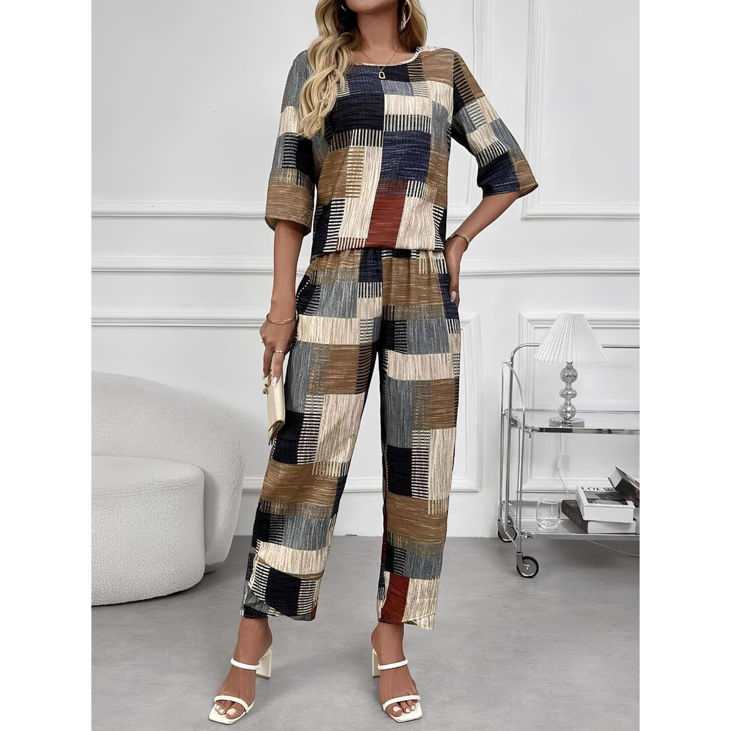 Gufrina Women's Rayon Co-Ords Set With Round Neck 3/4Th Sleeves Printed Pattern Wide Leg Pant Relaxed Fit And Standard Length