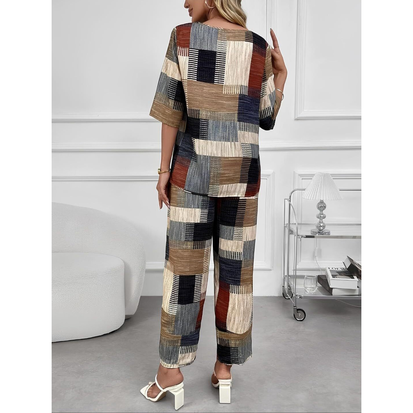 Gufrina Women's Rayon Co-Ords Set With Round Neck 3/4Th Sleeves Printed Pattern Wide Leg Pant Relaxed Fit And Standard Length