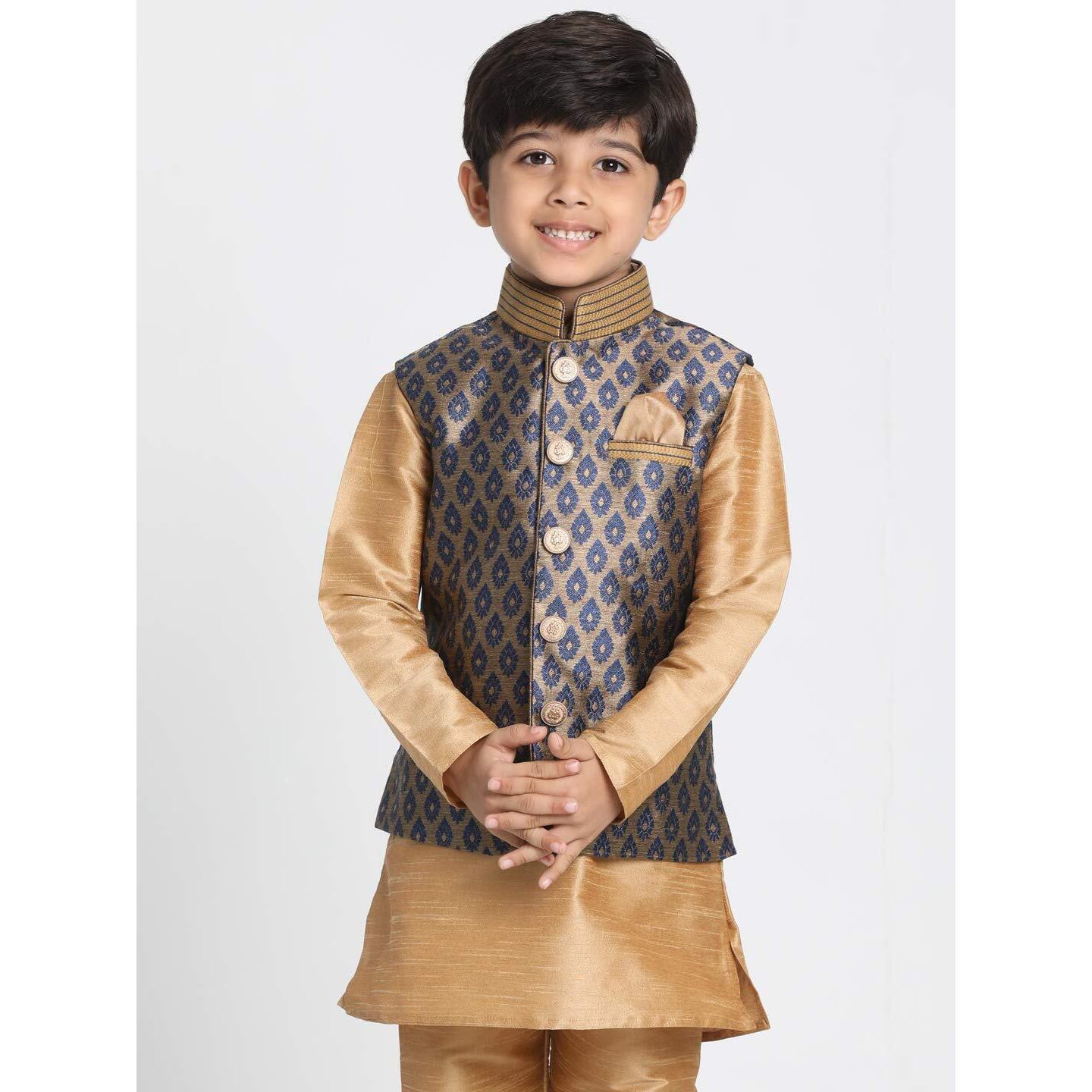 Jbn Creation Boys' Navy Blue And Gold Silk Blend Nehru Jacket (Vasbj025Nb, For 13-14 Years)