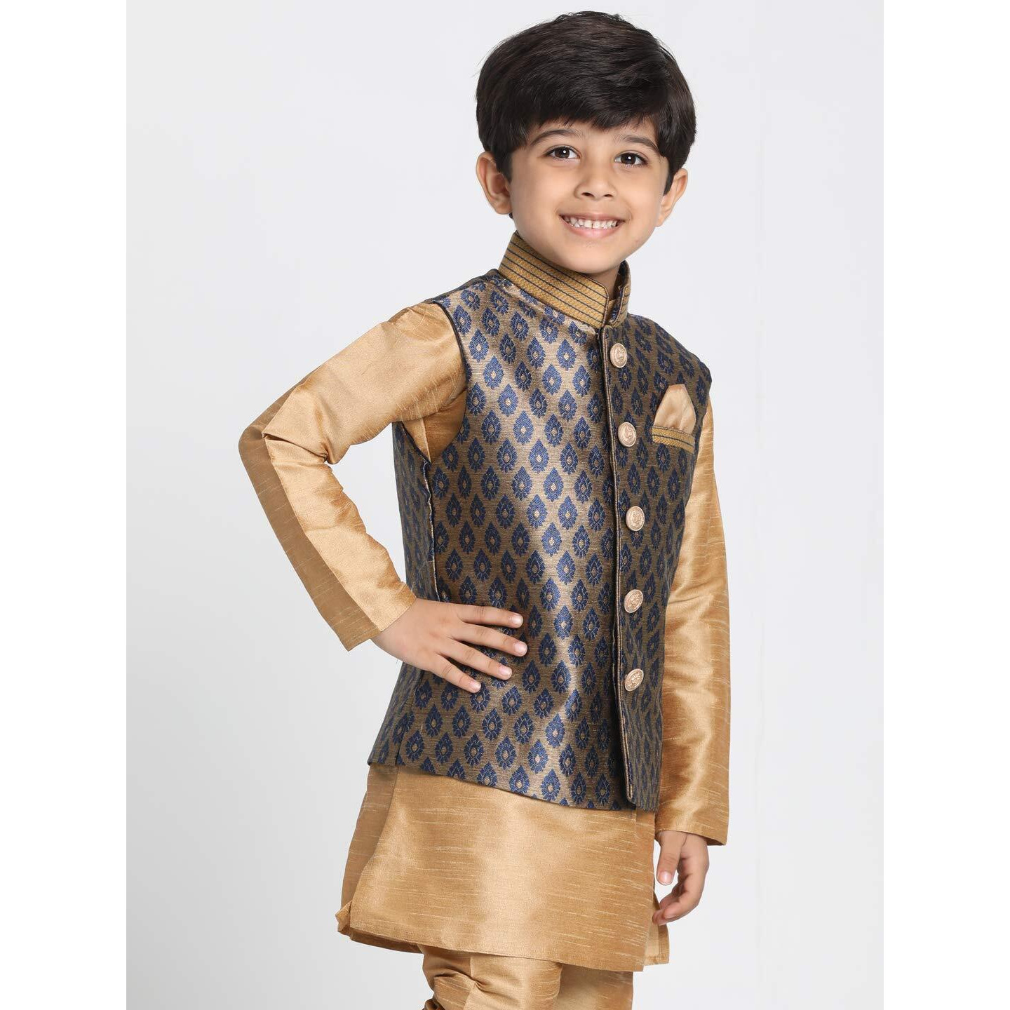 Jbn Creation Boys' Navy Blue And Gold Silk Blend Nehru Jacket (Vasbj025Nb, For 13-14 Years)